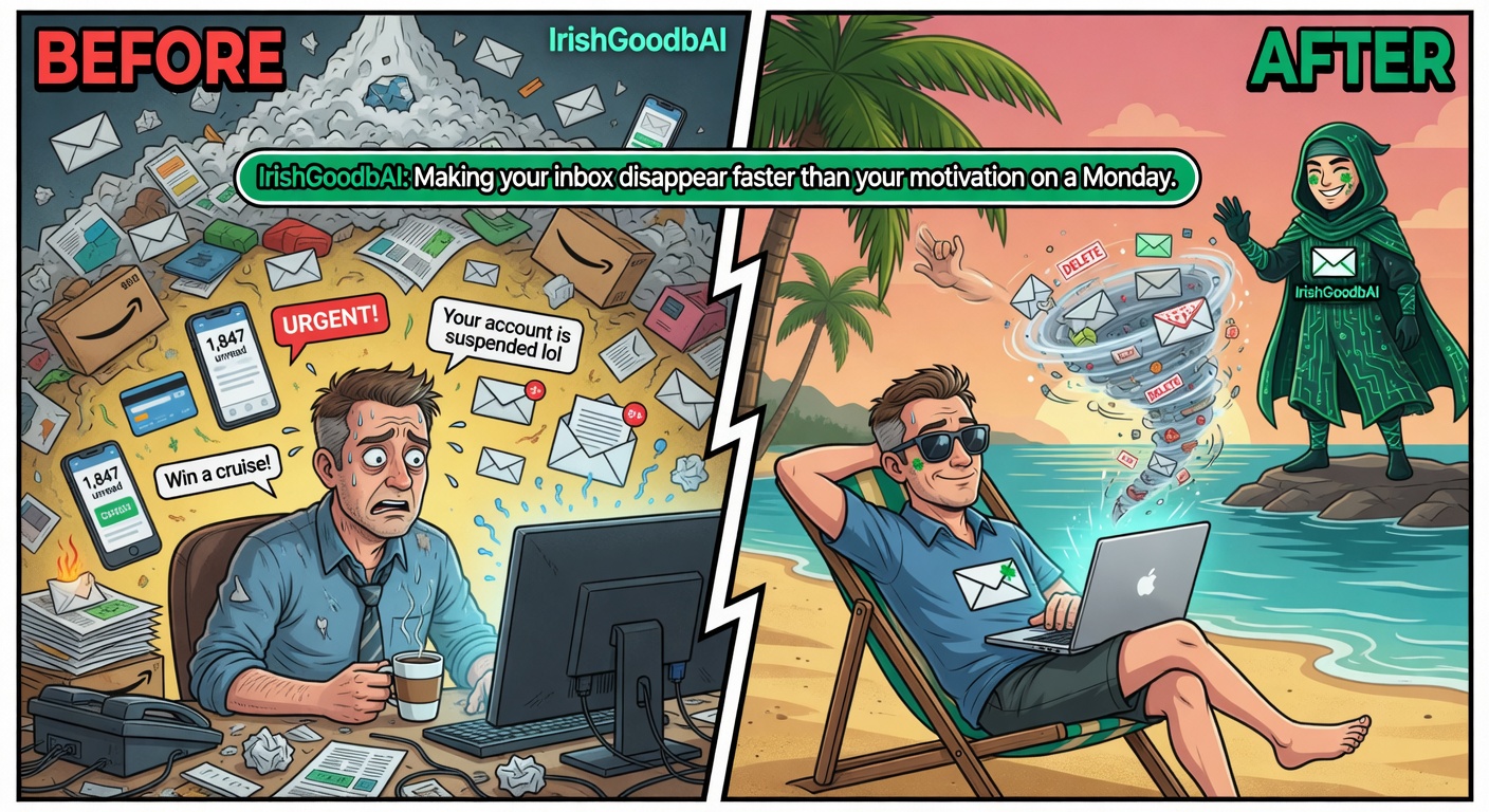 Before and after meme: Stressed inbox vs relaxed life after IrishGoodbAI