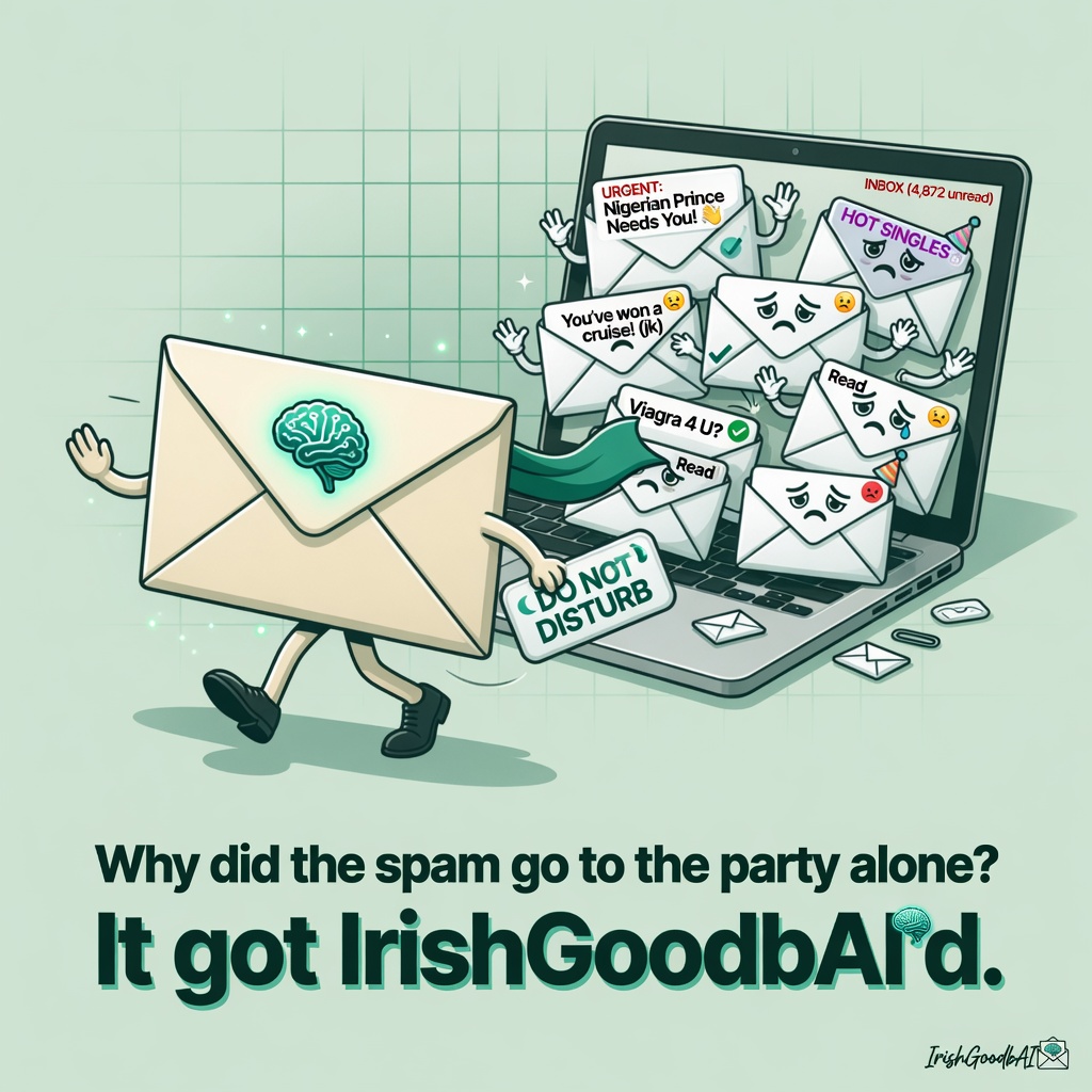 Dad joke meme: Envelope sneaking out doing an Irish Goodbye with AI brain