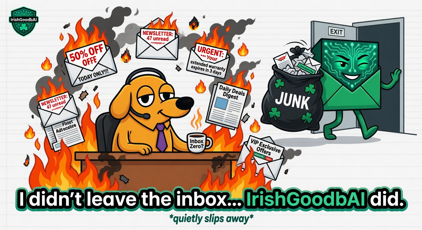 IrishGoodbAI meme: This is Fine inbox on fire while the AI does the Irish Goodbye with the junk